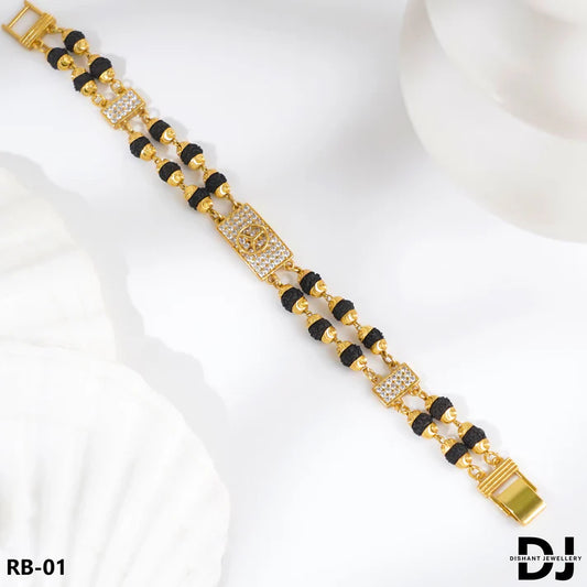 mercedes Design 2 Line Rudraksha With Diamond Gold Bracelet for Men.(AJ_RB_01)